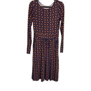 Boden Geometric Print Long Sleeve Midi Dress Blue Rust US 6R Pockets NWT